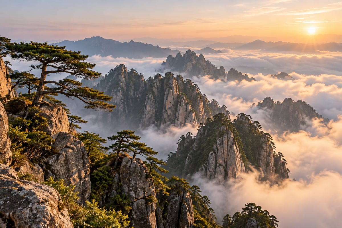 景区预订资讯回顾 · 生成主题配图 景区预订资讯回顾:云海中的山峰与松树(主题配图)